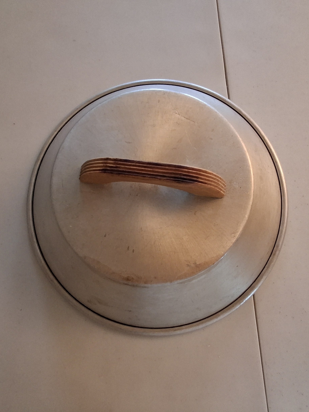 Vintage Stainless Steel Pot Lid with Wooden Handle - Silver and Brown